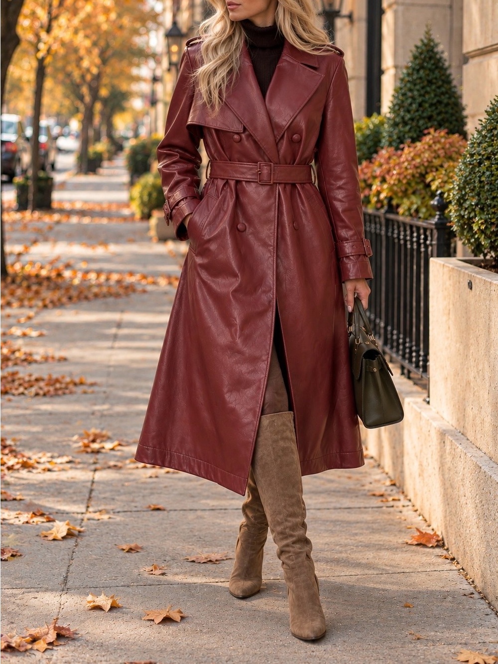 Elie Tahari Burgundy Vegan Leather Long Trench Coat – Size L